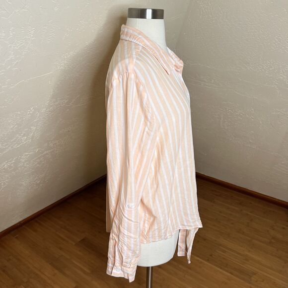 3/$30 Lola River Shirt Size Large Orange White Striped Tie Front Tencel Linen - Picture 8 of 11